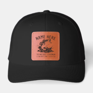 Personalized Name Largemouth Bass Fisherman Leather Patch Hat