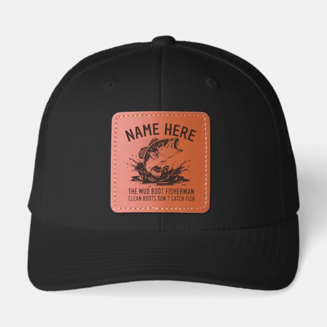 Personalized Name Largemouth Bass Fisherman Leather Patch Hat (Front)
