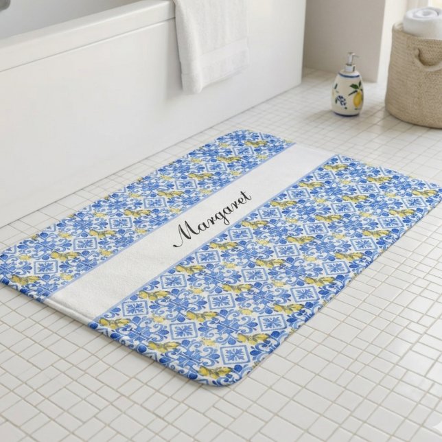 Personalized Name Lemon Azulejo Blue Tile Pattern Bath Mat (Creator Uploaded)