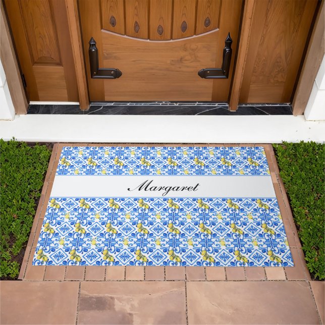 Personalized Name Lemon Azulejo Blue Tile Pattern Doormat (Outdoor)