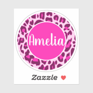 Personalized Name Leopard Animal Print Bright Pink Sticker