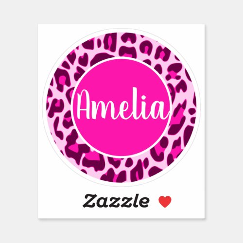 Personalized Name Leopard Animal Print Bright Pink Sticker
