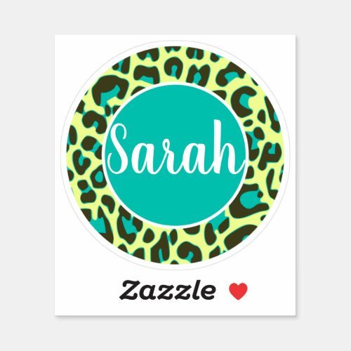 Personalized Name Leopard Animal Print Teal Yellow Sticker