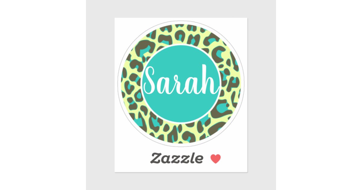 Personalized Name Leopard Animal Print Teal Yellow Sticker | Zazzle