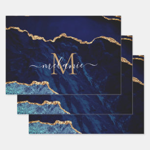 Personalized Name Letter Navy Blue Gold Marble Wrapping Paper Sheets