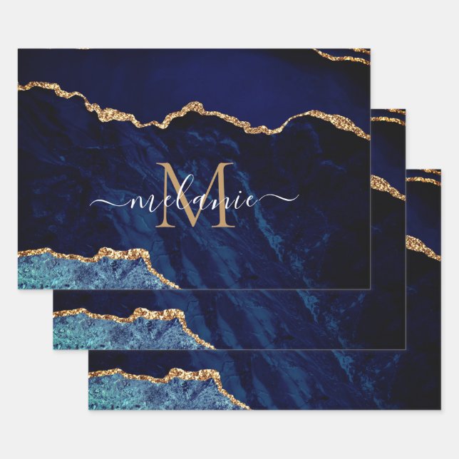 Personalized Name Letter Navy Blue Gold Marble Wrapping Paper Sheets (Set)