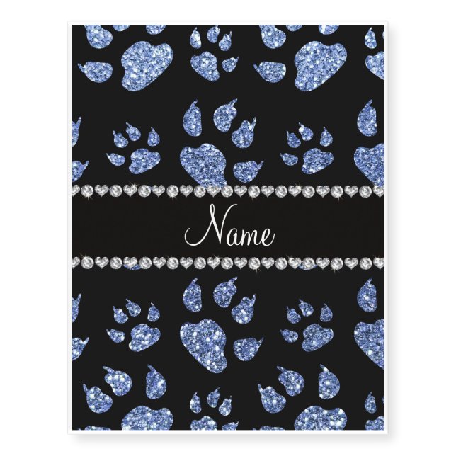 Personalized name light blue glitter cat paws temporary tattoos (Front)