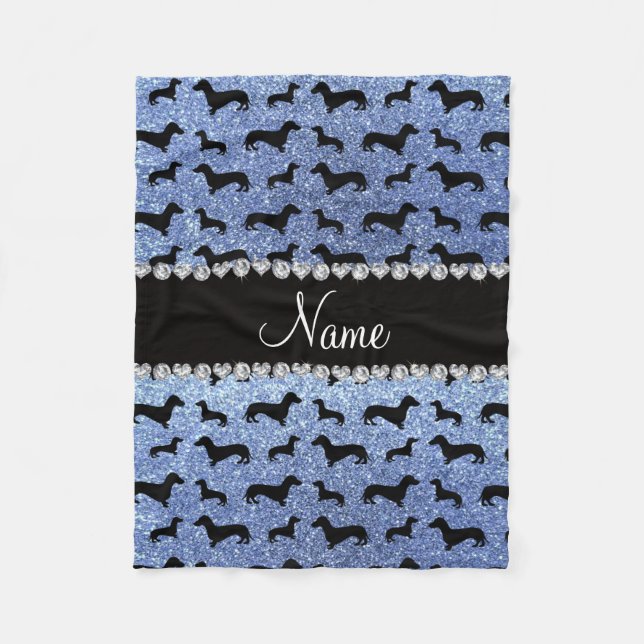 Personalized name light blue glitter dachshunds fleece blanket (Front)