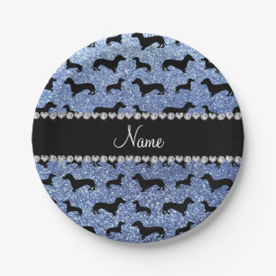Personalized name light blue glitter dachshunds paper plates