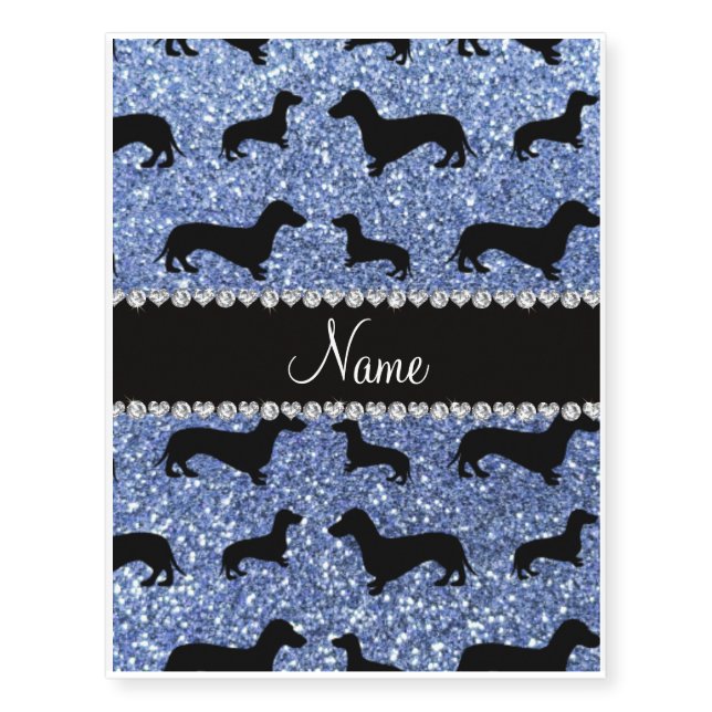 Personalized name light blue glitter dachshunds temporary tattoos (Front)