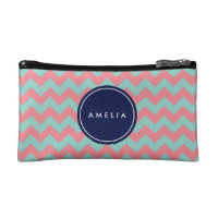 Personalized Name Light Blue & Pink Pastel Chevron Makeup Bag