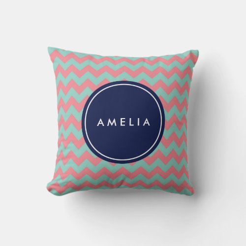 Personalized Name Light Blue  Pink Pastel Chevron Throw Pillow