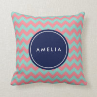 Personalized Name Light Blue & Pink Pastel Chevron Throw Pillow