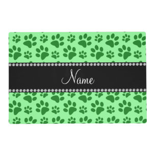 Personalized name light green dog paw prints placemat