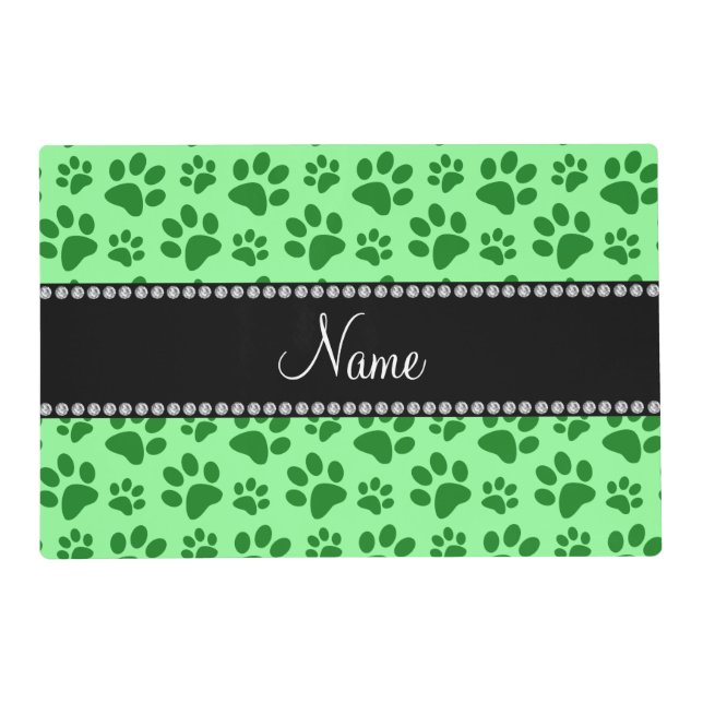 Personalized name light green dog paw prints placemat (Front)