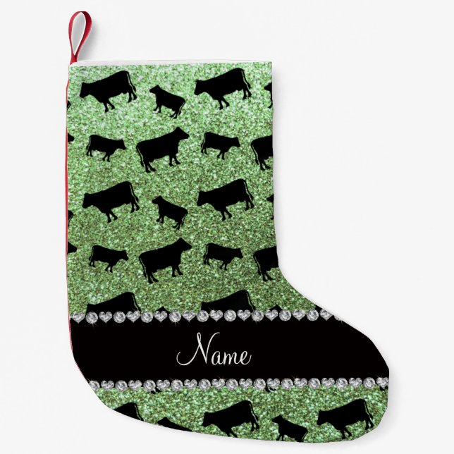 Personalized name light green glitter cows small christmas stocking (Front)