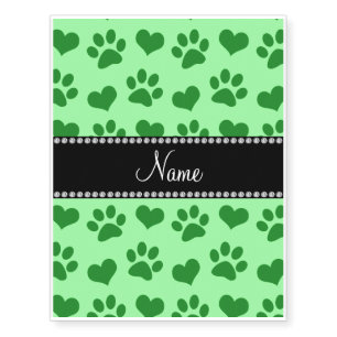 Personalized name light green hearts and paw print temporary tattoos
