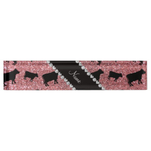 Personalized name light pink glitter cows desk name plate