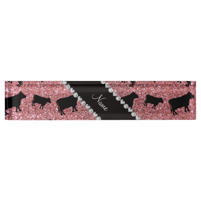Personalized name light pink glitter cows desk name plate (Front)