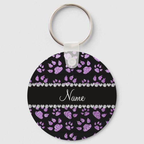 Personalized name light purple glitter cat paws keychain