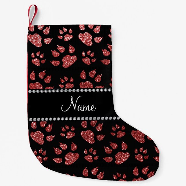 Personalized name light red glitter cat paws small christmas stocking (Front)