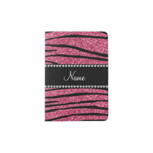 Personalized name light rose glitter zebra stripes passport holder