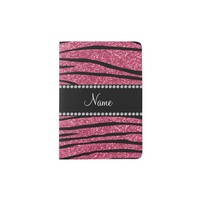 Personalized name light rose glitter zebra stripes passport holder (Front)