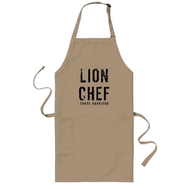 Personalized Name Lion Chef Black & Khaki Long Apron (Front)