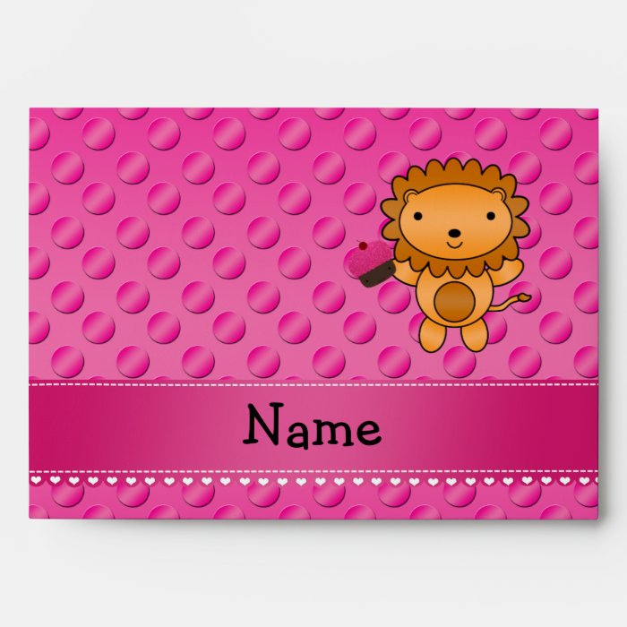 Personalized name lion cupcake pink polka dots envelope