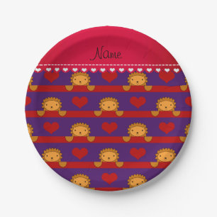 Personalized name lion purple hearts stripes paper plates