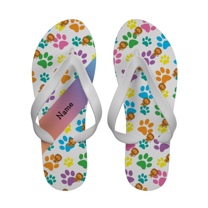 Personalized name lion rainbow paws flip flops