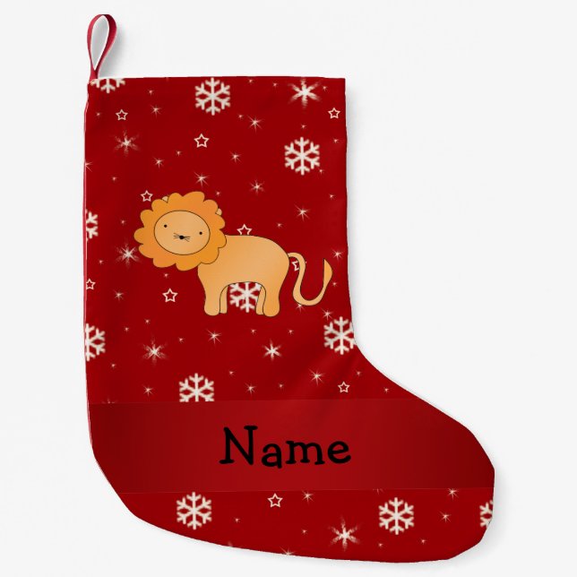 Personalized name lion red snowflakes small christmas stocking (Front)