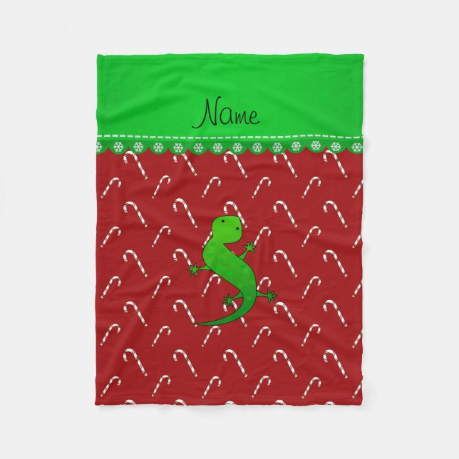Personalized name lizard red candy canes fleece blanket (Front)