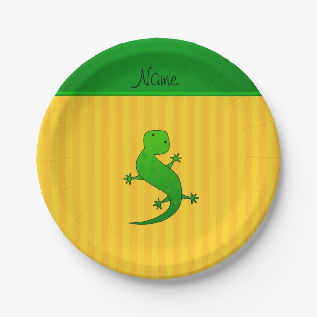 Personalized name lizard yellow stripes paper plates (Front)