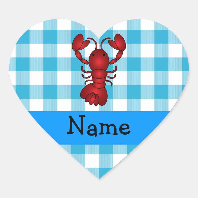 Personalized name lobster blue gingham pattern heart sticker (Front)