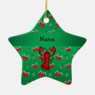 Personalized name lobster green candy canes bows ceramic ornament