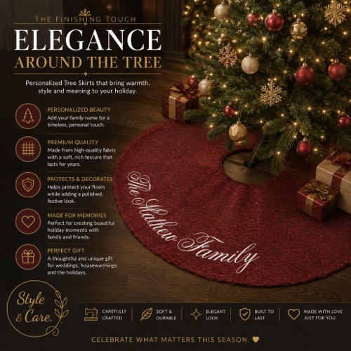 Personalized Name Luxury Red Velvet Look Faux Linen Tree Skirt