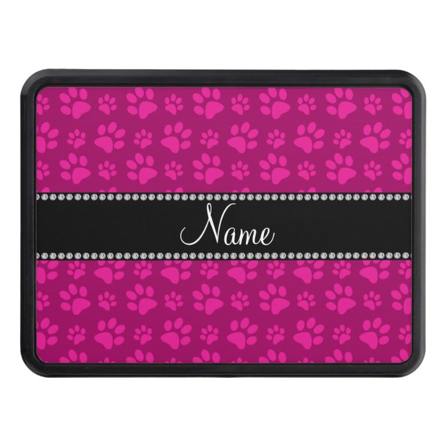 Personalized name magenta pink dog paw prints hitch cover (Front)