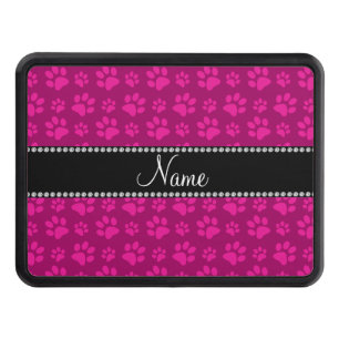 Personalized name magenta pink dog paw prints hitch cover