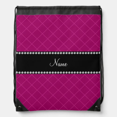 Personalized name magenta pink grid pattern drawstring bag