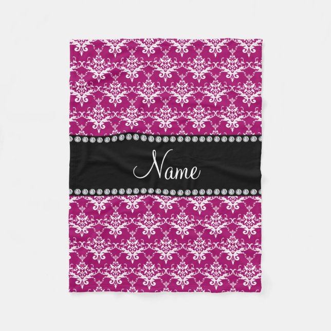 Personalized name magenta pink white damask fleece blanket (Front)