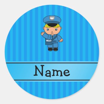Personalized Name Mailman Blue Stripes Classic Round Sticker by Brothergravydesigns at Zazzle