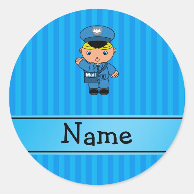 Personalized name mailman blue stripes classic round sticker (Front)