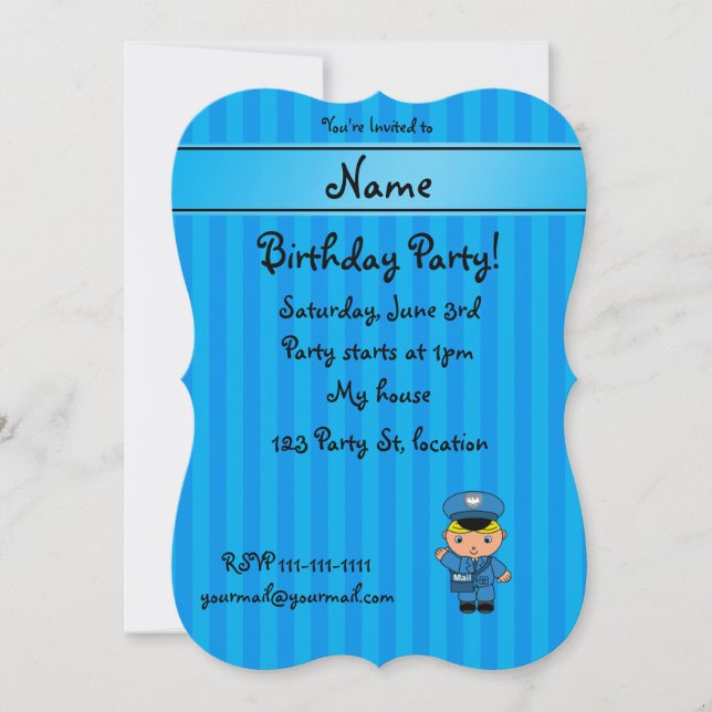 Personalized name mailman blue stripes invitation (Front)