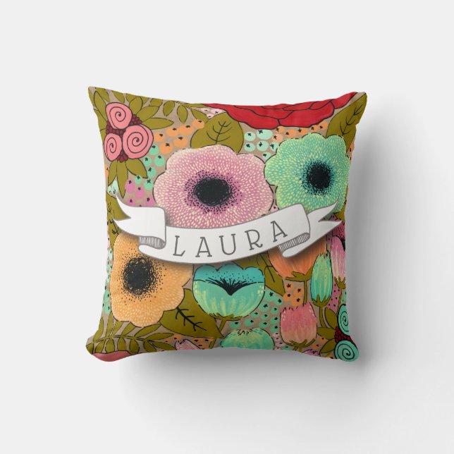 Personalized Name Make Up Designer Painted Floral Throw Pillow (Front)