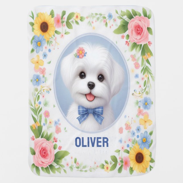 Personalized Name Maltese Puppy, Maltese Serenity Baby Blanket (Front)