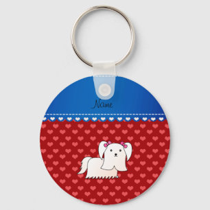 Personalized name maltese red hearts keychain