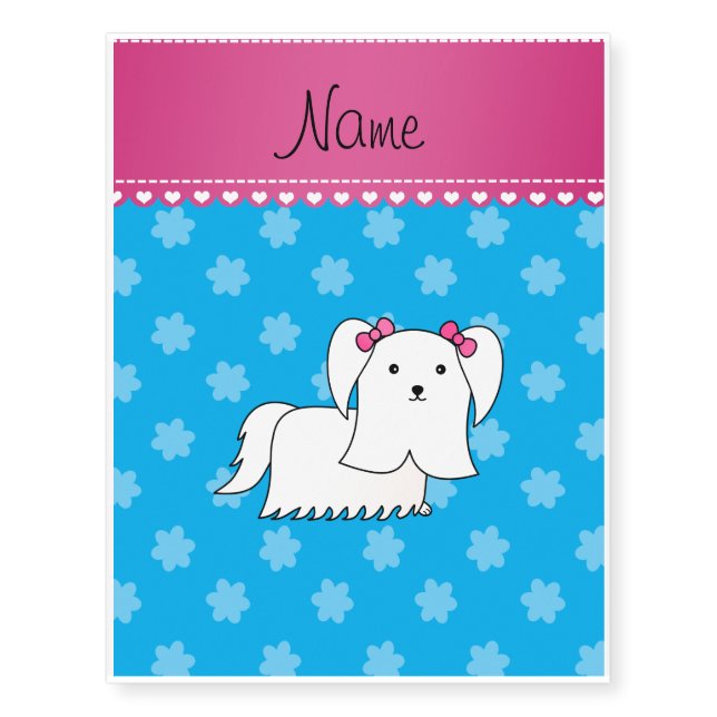 Personalized name maltese sky blue flowers temporary tattoos (Front)