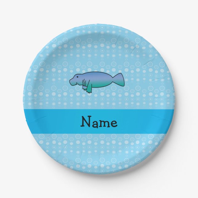 Personalized name manatee blue bubbles paper plates (Front)