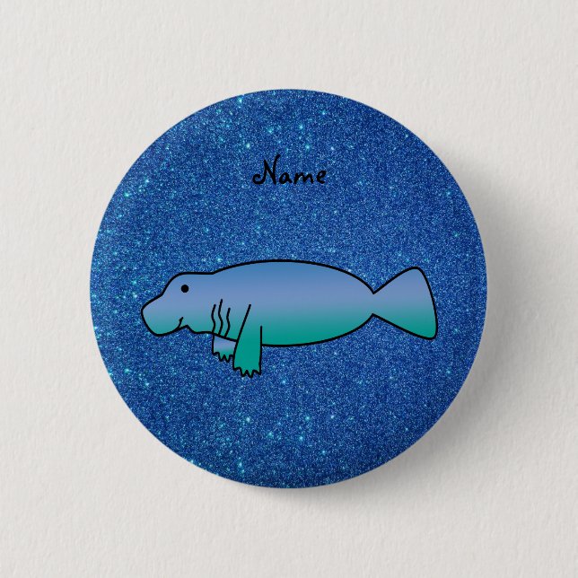 Personalized name manatee blue glitter pinback button (Front)